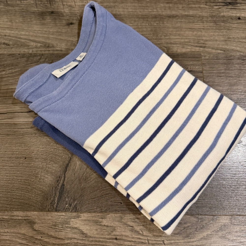 L.L. Bean Women Blue Striped Boatneck 3/4 Sleeve Cotton Ribbed Top Size M 501776